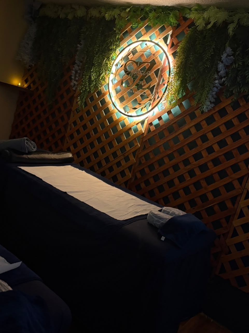 Sala doble de Bellas Artes con logo iluminado y estantes Zen